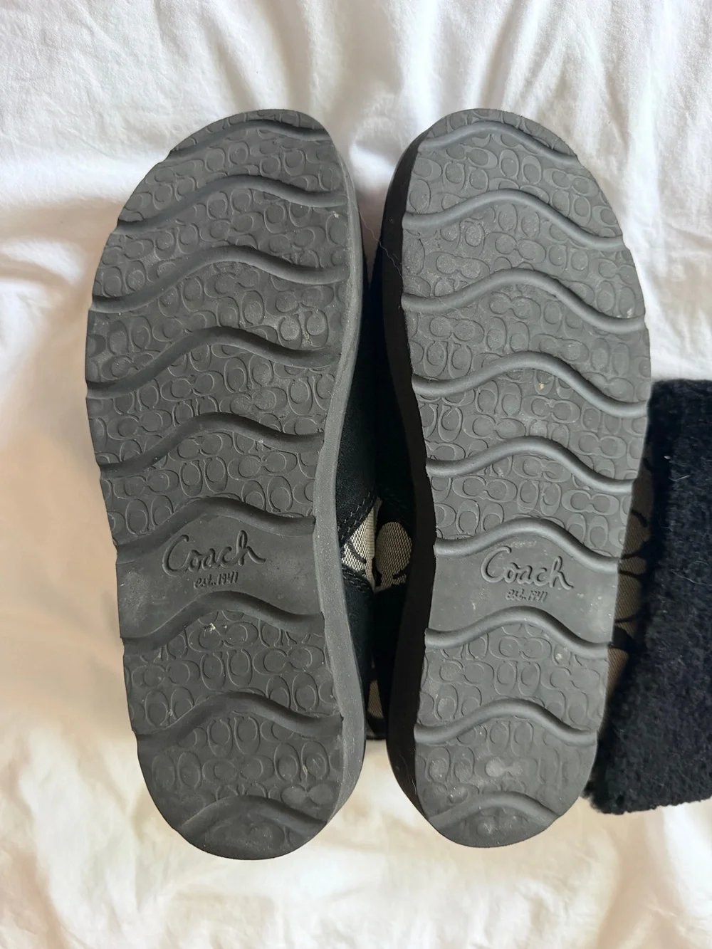 Coach Black and Beige Monogram Shearling Cuff Boots